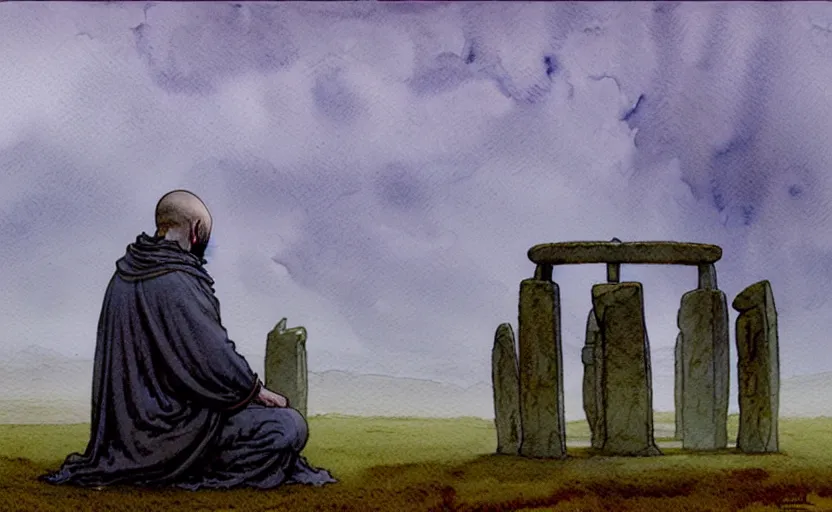 Image similar to a hyperrealist watercolour character concept art portrait of one small grey medieval monk kneeling in prayer as stonehenge floats in the air on a misty night. by rebecca guay, michael kaluta, charles vess and jean moebius giraud