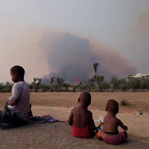 Prompt: child sitting ,Arabian camp in the background on fire , solar eclipse