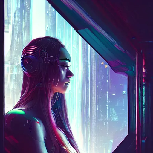 Image similar to portrait of cyberpunk woman looking out of a window, cyberpunk setting, futuristic, highly detailed, intricate lighting, digital painting, sharp focus, illustration, trending on artstation, art by anna dittmann.