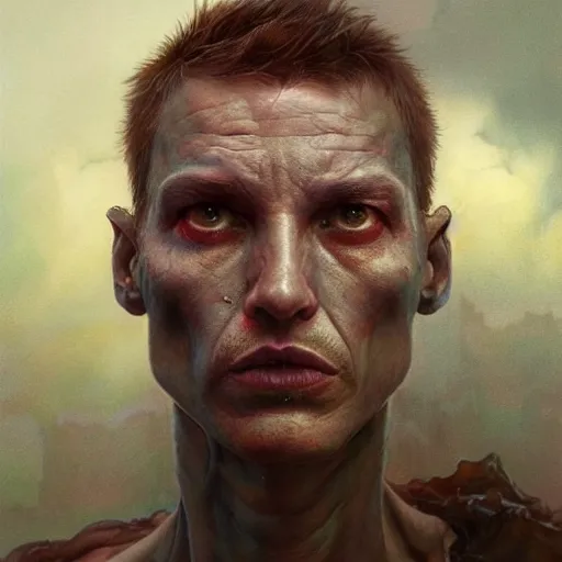 Image similar to a hyper - realistic character concept art portrait of a man on fire, depth of field background, artstation, award - winning realistic sci - fi concept art by jim burns and greg rutkowski, beksinski, a realism masterpiece, flesh - tone color palette, james gilleard, bruegel, alphonse mucha, and yoshitaka amano.