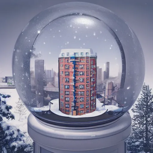 Image similar to a snow globe with a soviet apartment building in it, a computer rendering by leandro erlich, trending on cgsociety, retrofuturism, tesseract, isometric, physically based rendering