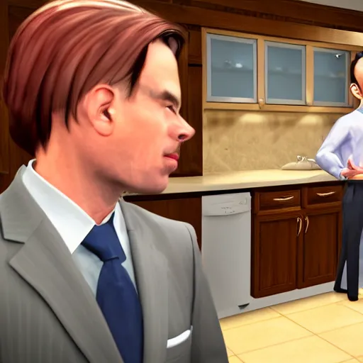 Prompt: chris Hanson being caught in the kitchen by another Chris Hanson,both wearing suits and looking surprised to see each other, photorealistic, 4k