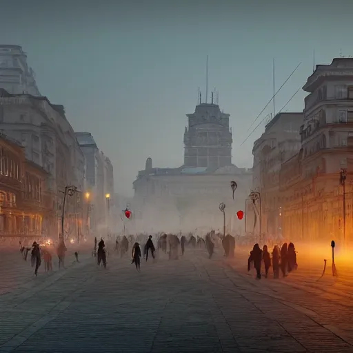 Image similar to bucharest city sunset in winter, mist, buildings, street, people, artstation, 4k, beautiful, concept art