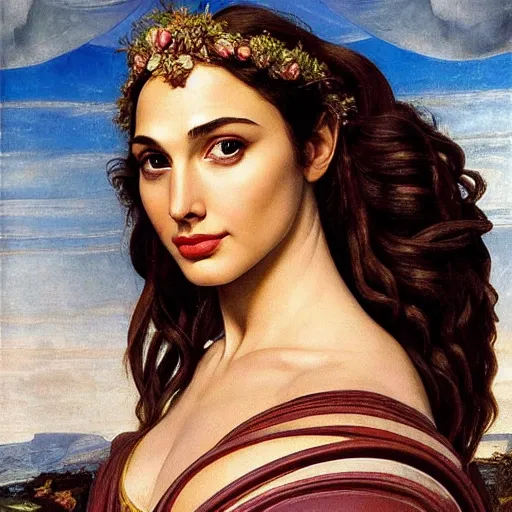 Image similar to Head and shoulders masterpiece portrait oil painting of the beautiful goddess Gal Gadot as Artemisa, she is wearing roman clothes and a surreal jewelry, her hair is natural disheveled, she is approaching heaven over the clouds, naturalism, dramatic lighting, high-detailed oil painting by Ilya Repin, Michelangelo da Caravaggio, William Blake, Alex Grey and Beksinski, trending on Artsation, hystorical painting, naturalism, masterpiece, 4k, 8k,