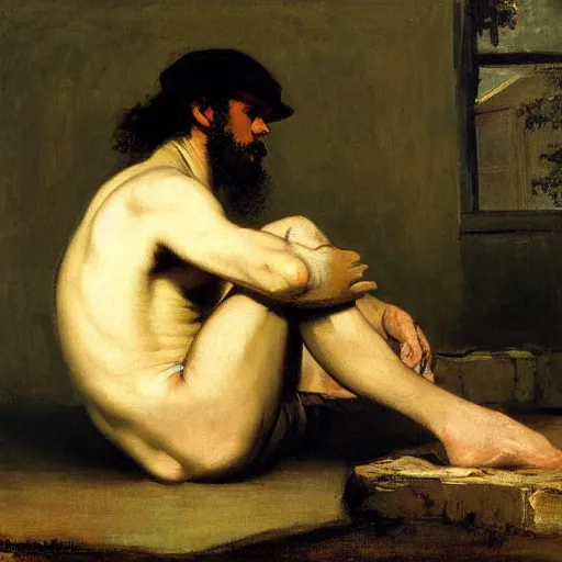 Image similar to a painter sits pensively selling his paintings. created by gustave courbet.