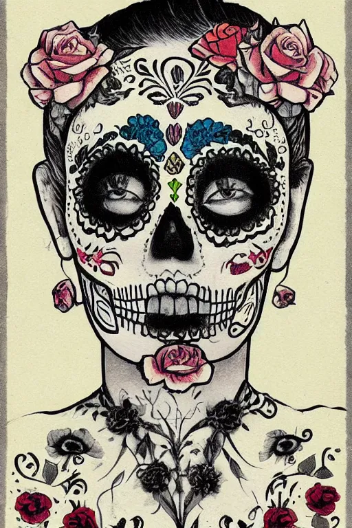 Prompt: Illustration of a sugar skull day of the dead girl, art by gustave baumann