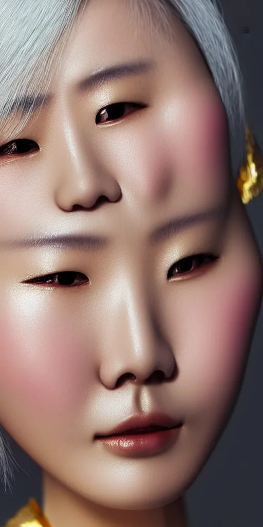 Prompt: hypperrealistic close-up of beautiful chinese woman with silver hair and shimmery gold skin alberto mielgo