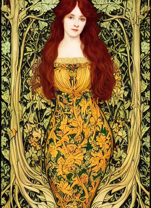 Image similar to masterpiece beautiful seductive flowing curves pose preraphaelite portrait photography, straight bangs, thick set, yellow ochre ornate medieval dress, mushroom forest arch, amongst foliage, william morris and kilian eng and mucha, framed, 4 k