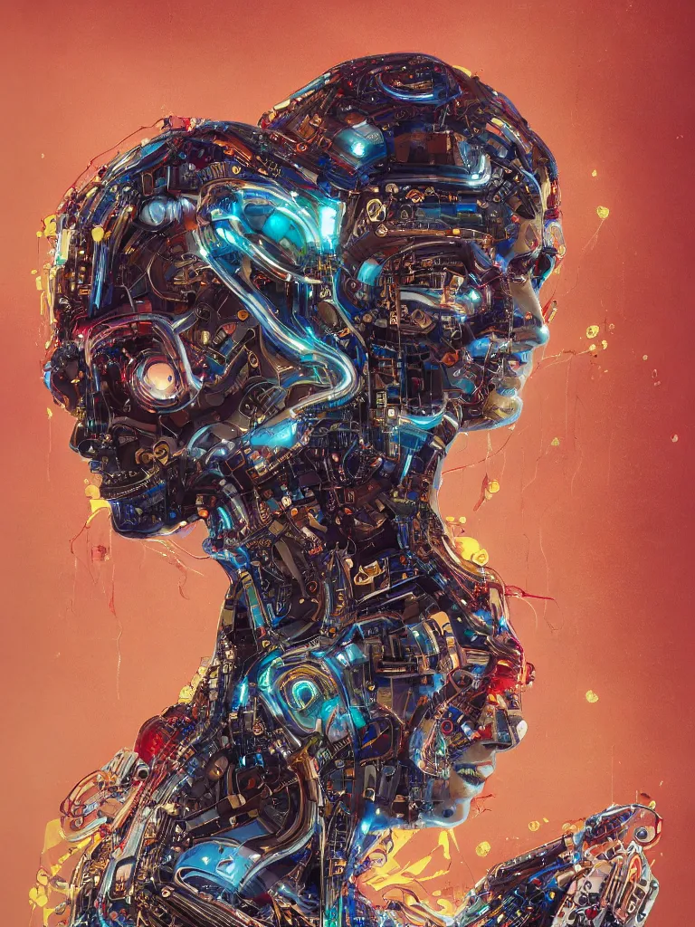 Image similar to portrait of computer & circuits, melting, gems and gold, 8 k, by tristan eaton, stanley artgermm, tom bagshaw, greg rutkowski, carne griffiths, ayami kojima, beksinski, giger, trending on deviantart, face enhance, hyper detailed, minimalist, cybernetic, android, blade runner, full of colour, super detailed