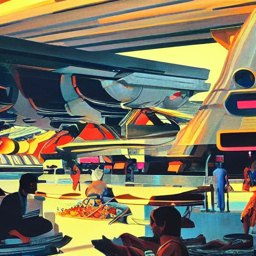 Prompt: a syd mead painting of a futuristic indian market with spaceship in the far back