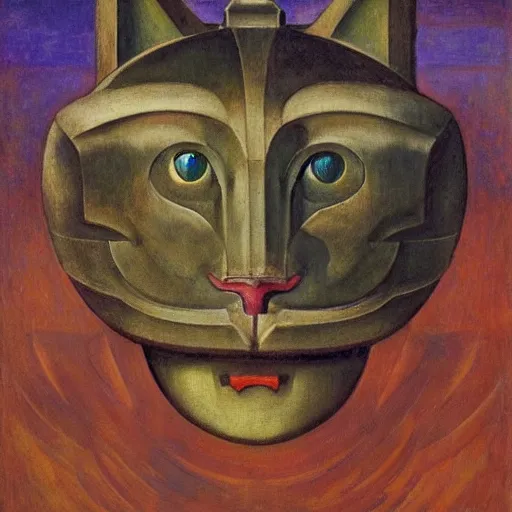 Image similar to masterpiece painting of a robot cat head, by annie swynnerton and diego rivera and nicholas roerich and jean delville, symbolist, dramatic lighting, god rays, elaborate geometric ornament, art brut, rich colors, smooth, sharp focus, extremely detailed, adolf wolfli and ( donato giancola )