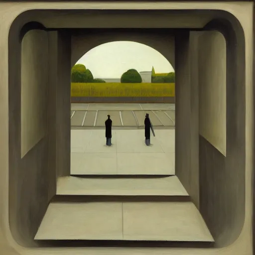 Image similar to first person view of a stark concrete maze, people peering into portholes, grant wood, pj crook, edward hopper, oil on canvas