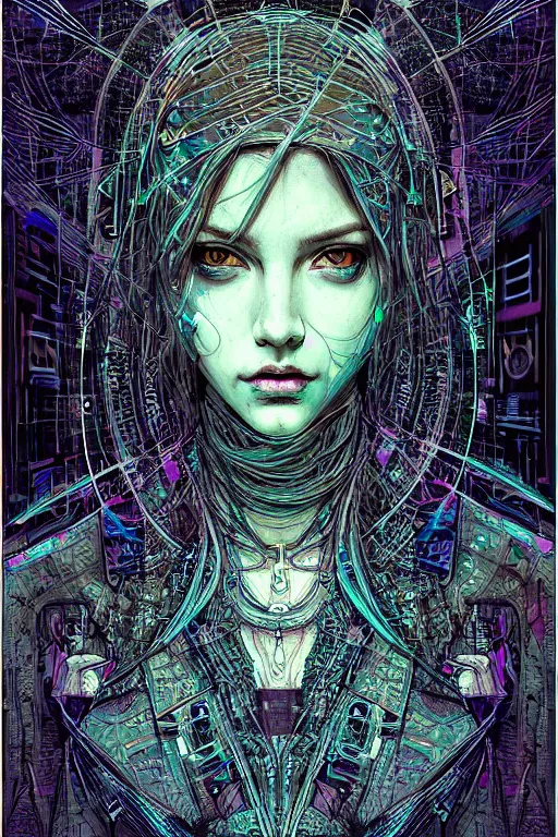 Prompt: dreamy cyberpunk girl, abstract mirrors, digital nodes, beautiful woman, detailed acrylic, grunge, intricate complexity, by dan mumford and by alberto giacometti, arthur rackham