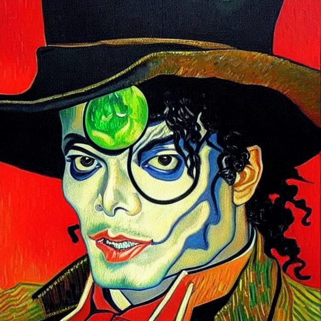 Image similar to a beautiful painting steampunk michael jackson face, by van gogh realistic oil painting