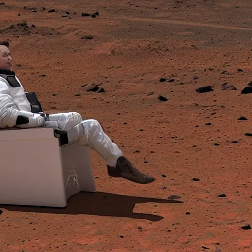 Image similar to Elon musk sitting in a lawn chair on the surface of mars