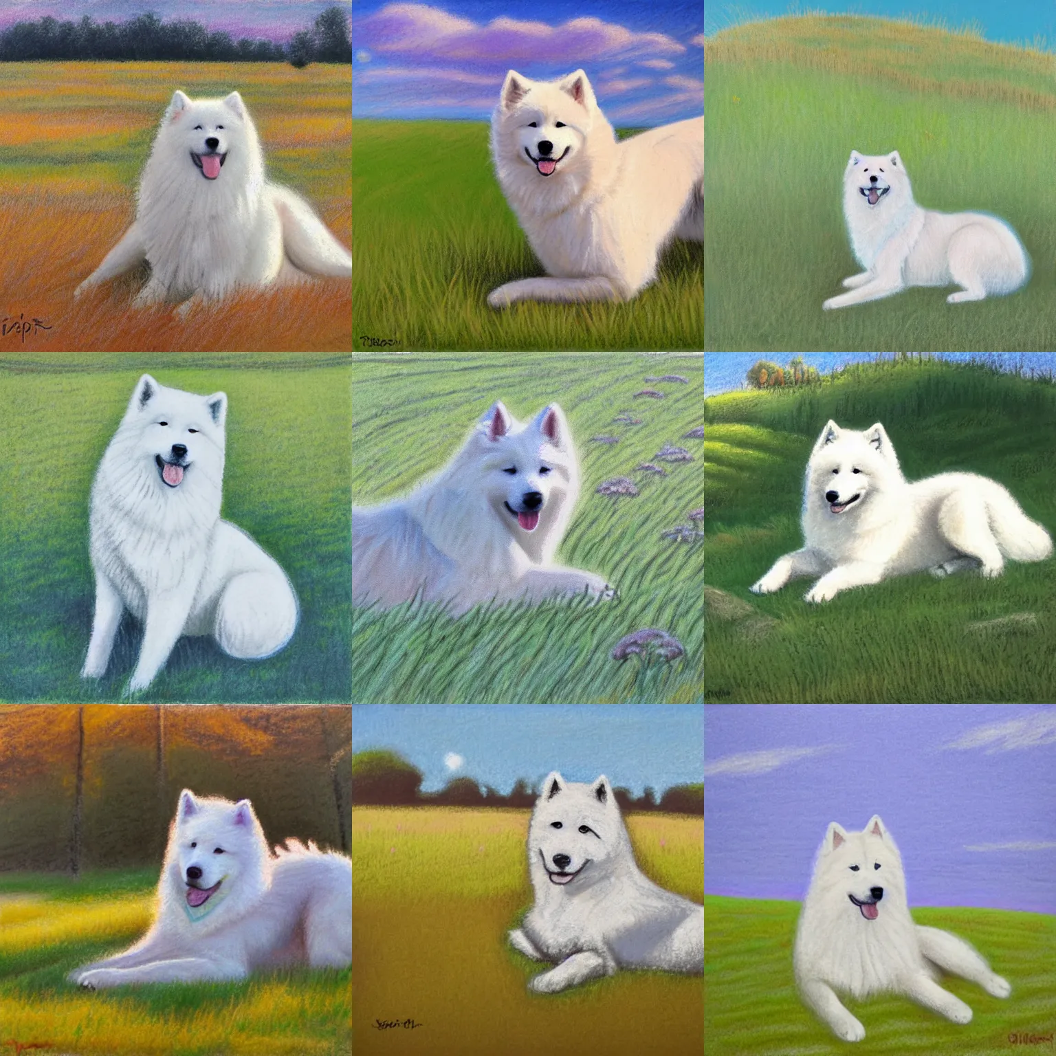 Prompt: a samoyed dog sitting in the middle of sunny meadow, pastels