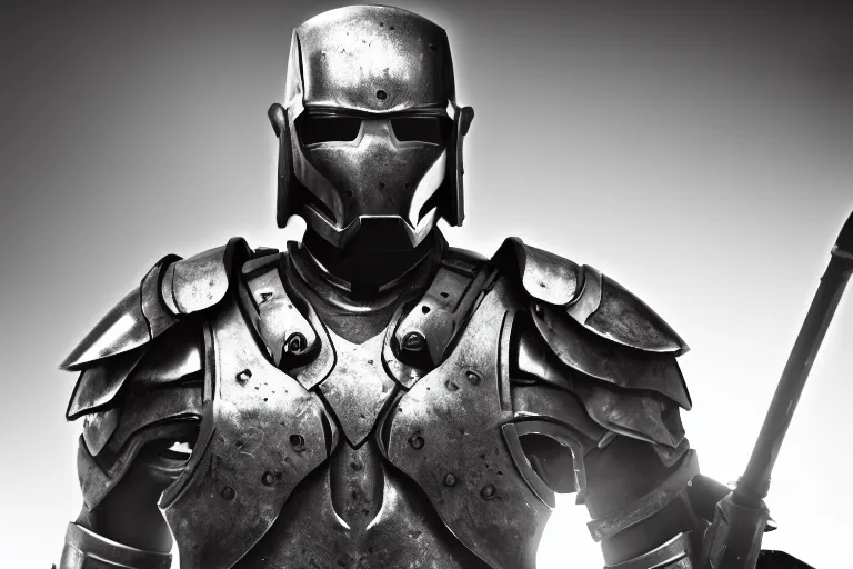 Image similar to still photo of a iron age war man looking at the camera in a battlefield, black and white color aesthetic, highly detailed, photorealistic portrait, bright studio setting, studio lighting, crisp quality and light reflections, unreal engine 5 quality render