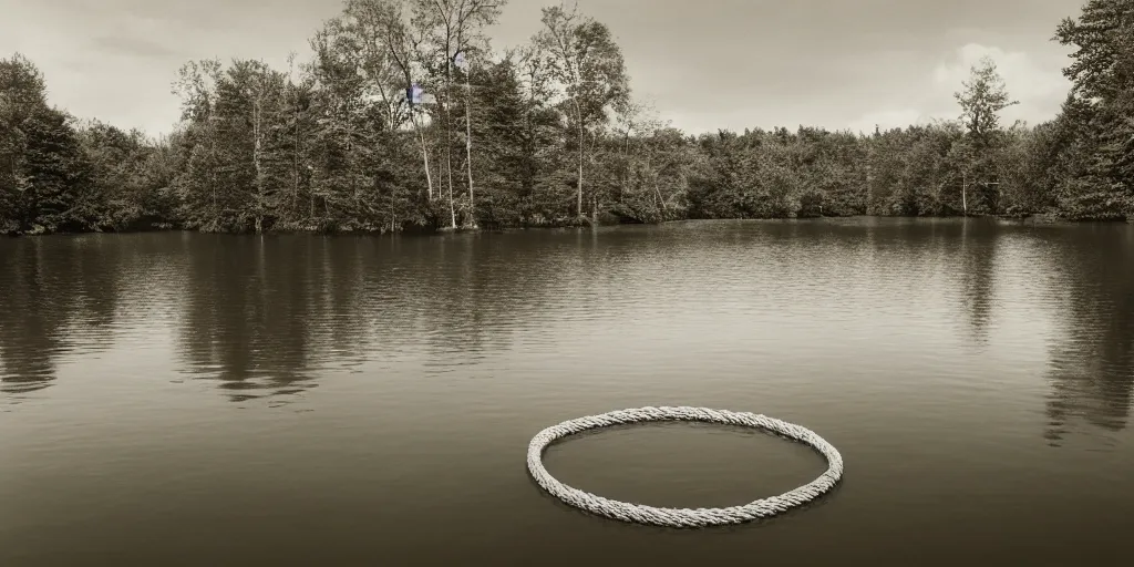 Image similar to centered photograph of an infinitely long rope zig zagging across the surface of the water, floating submerged rope stretching out towards the center of the lake, a dark lake on a cloudy day, color film, trees in the background, hyperedetailed photo, anamorphic lens