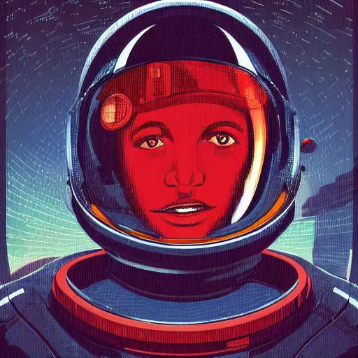 Prompt: retro space explorer portraits. red astronaut suit. josan gonzalez