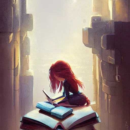 Prompt: a pixar girl reading a book, long hair flowing down, symmetrical, style of by Jordan Grimmer and greg rutkowski, crisp lines and color,