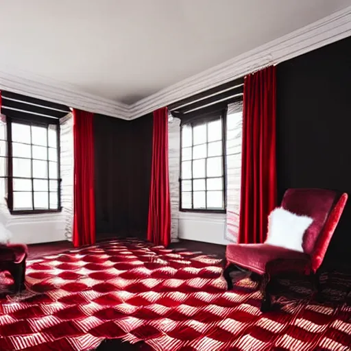 Prompt: A surreal room with red velvet drapes. The floor has an off-white and dark-brown chevron pattern.