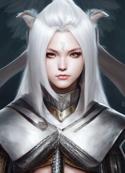 Image similar to warrior, fur leather armor!!! beautiful and elegant white hair female!! gorgeous ayes!! character concept art, sharp focus, octane render! unreal engine 5! highly rendered!! trending on artstation!! detailed linework!! illustration by artgerm, wlop, and chie yoshii