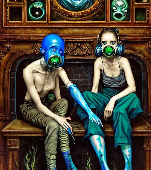 Prompt: two exhausted, skinny, fleshy doctors wearing ornate gas masks and silky green and blue scrubs sit next to a fireplace with swirling blue flames, inside a deserted hospital, ayami kojima, karol bak, greg hildebrandt, mark brooks, hauntingly surreal, highly detailed painting part by james jean, jenny saville, soft light 4 k