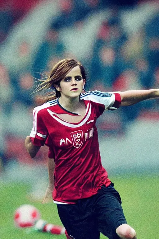 Image similar to emma watson as lokomotiv football player, hyper realistic, highly detailed