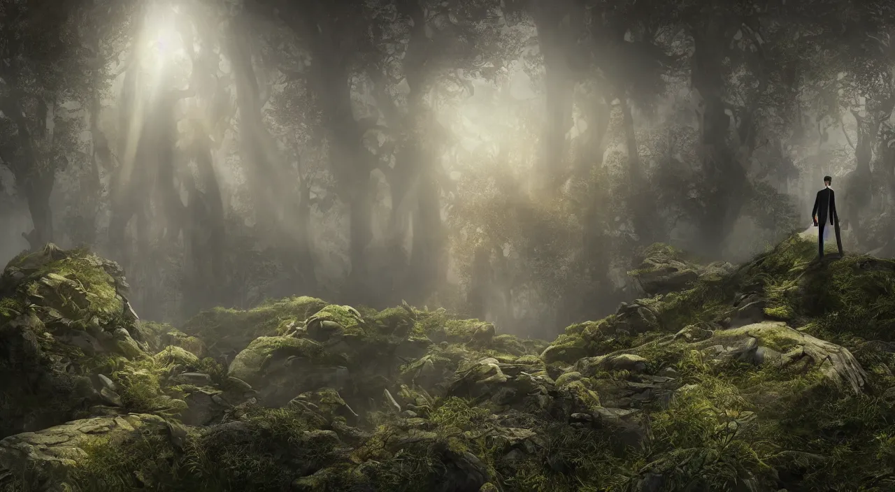 Image similar to photorealistic matte painting of mr burns of the simpsons standing far in misty overgrowth undergrowth jagged rock features volumetric fog light rays high contrast dawn