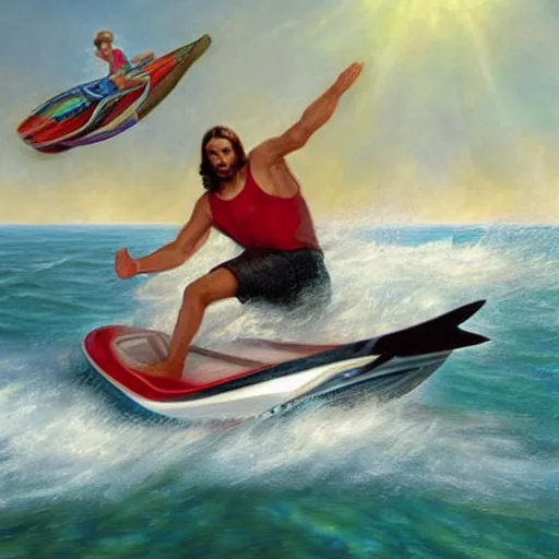 Image similar to Jesus riding a jetski being chased by sharks, painting by Jon McNaughton