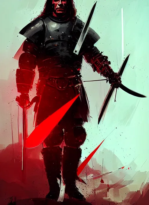 Image similar to schwarzenegger, long hair, wearing a black and red armor and two swords, by ismail inceoglu