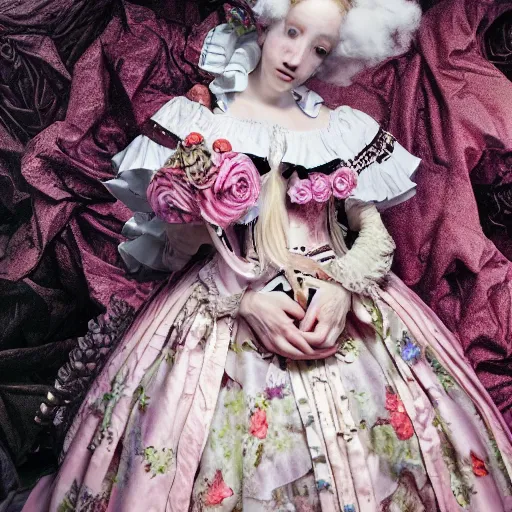 Prompt: 8 k, octane render, realism, tonalism, renaissance, rococo, baroque, cotton candy, creepy young lady wearing long highly detailed dutch renaissance harajuku manga dress with flowers and skulls ( background chaotic flowers )