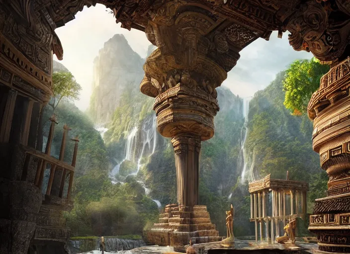 Image similar to An amazing interior of the temple of the gods of nature, intricate details, vast open interior, amazing and tall waterfalls, dramatic lighting, digital art, trending on Artstation, dark, hyper-realistic, detailed