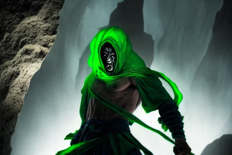 Image similar to vfx film, soul reaver, raziel irl, price of persia movie, missing jaw, hero pose, devouring magic souls, scarf, hood, glowing green soul blade, in epic ancient sacred huge cave temple, flat color profile low - key lighting award winning photography arri alexa cinematography, hyper real photorealistic cinematic beautiful, atmospheric cool colorgrade