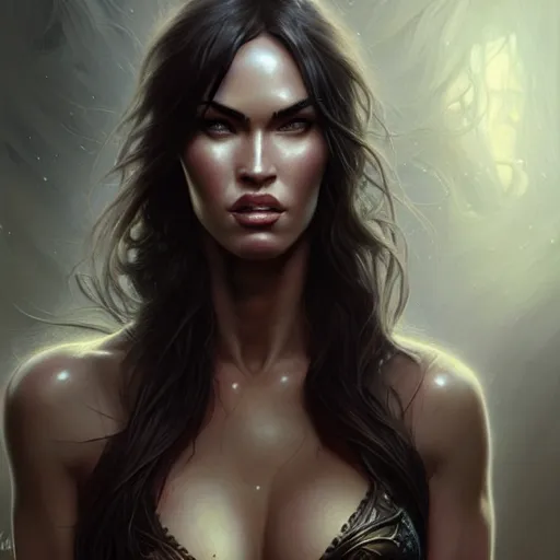 Image similar to portrait of megan fox, muscular upper body, fantasy, intricate, elegant, highly detailed, digital painting, artstation, concept art, matte, sharp focus, illustration, art by aenaluck and roberto ferri and greg rutkowski, epic fantasy, digital painting