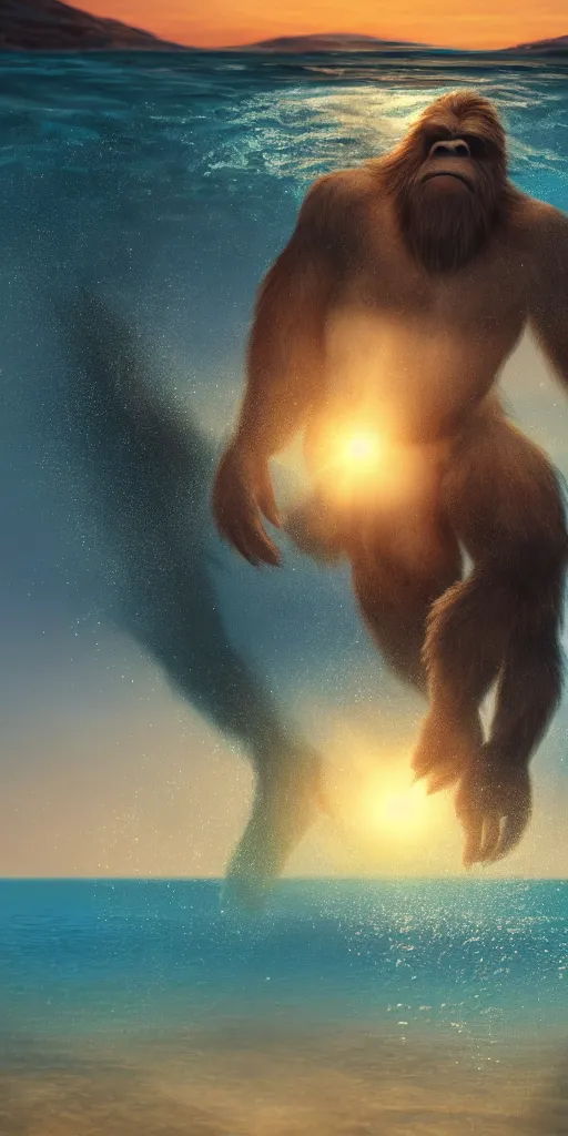 Prompt: a beautiful rendered picture of a sasquatch from instagram in the ocean at sunset by Nick Silva, trending on artstation, 8k