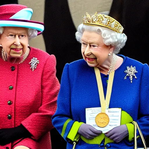 Image similar to queen elizabeth wearing a hoodie and a gold medal