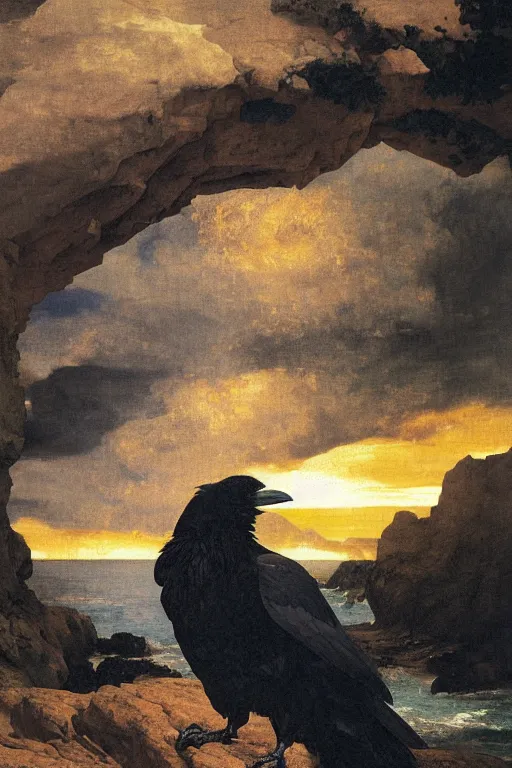 Image similar to a breathtakingly stunningly beautifully highly detailed extreme close up portrait of a raven under a rock arch, epic coves crashing waves plants, beautiful clear harmonious composition, dynamically shot, wonderful strikingly vivid beautiful dynamic sunset with epic clouds, detailed organic textures, by frederic leighton and rosetti and turner and eugene von guerard, 4 k