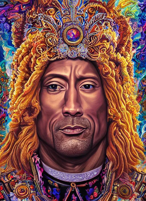 Image similar to beautiful oil painting, full length portrait of Dwayne the rock Johnson as Louis xiv in coronation robes 1701, Dan Mumford, Dan Mumford, Alex grey, Alex grey, highly detailed , lsd visuals, dmt fractal patterns, hallucinogen, visionary art, psychedelic art, ornate, vaporwave