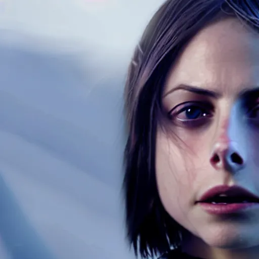 Image similar to film still of !!Willa Holland!! as !!!!!pale blue-skinned!!!!! Cortana, as in Halo 4, in a new Halo movie, 4k