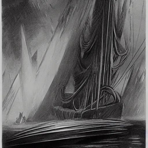 Image similar to a black and white photo of a boat in the water, concept art by hugh ferriss, behance contest winner, symbolism, lovecraftian, concept art, official art