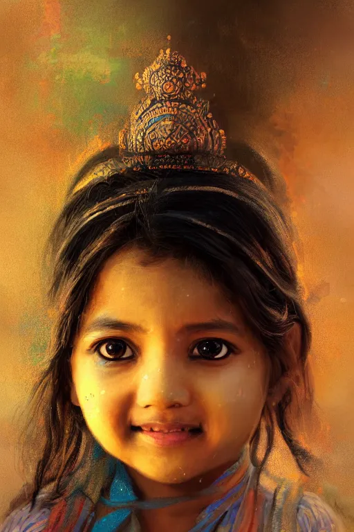 Image similar to hindu little girl, joyful, close - up portrait, intricate, elegant, volumetric lighting, scenery, digital painting, highly detailed, artstation, sharp focus, illustration, concept art, ruan jia, steve mccurry