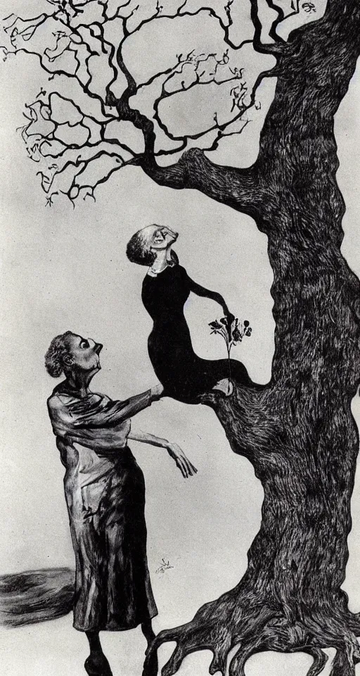 Image similar to Marie Curie hugging a tree by Salvador Dalí