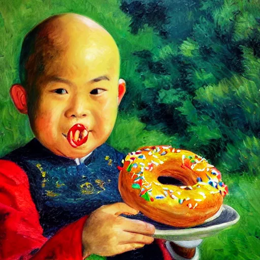 Image similar to bald chinese boy holding a donut, impressionist painting art