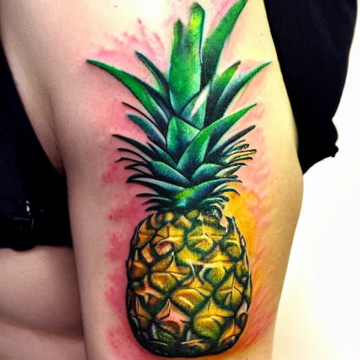 Image similar to professional 3 d render of a ripe luscious pineapple tattoo on an arm that's also edible