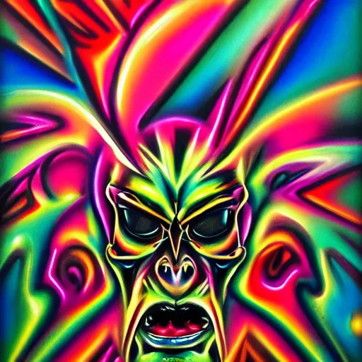 Image similar to psychedelic airbrush art of an orc riding a motorcycle, black background, stylized, radical 90s, soft edges, smooth gradients, airbrushed, grainy