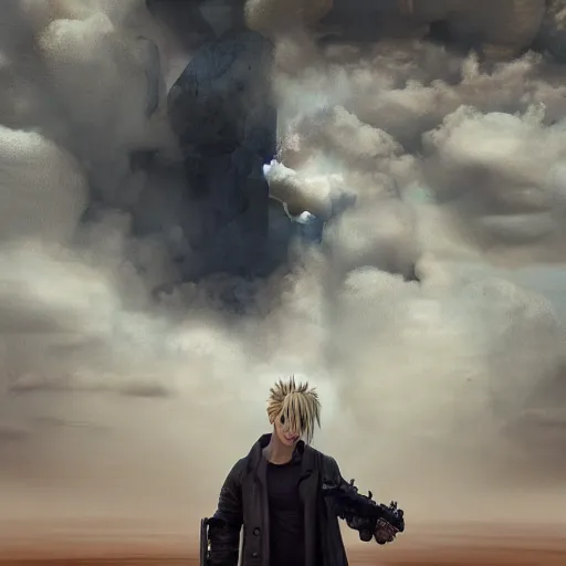 Prompt: Stunning Hyperealistic scene of cloud Strife in a abandoned wasteland, sandstorm by Beeple Andrei Riabovitchev, Jake Souva, Nicola Samori, James Gilleard, Ishbel Myerscough, Scott Radke, Jean-Baptiste Monge jakub