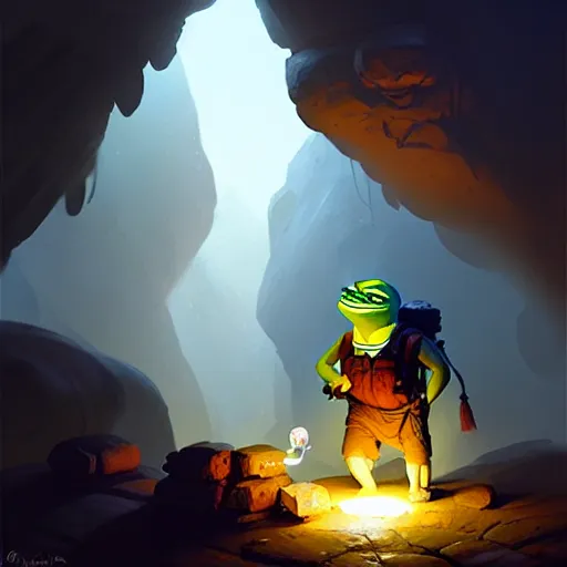 Image similar to happy pepe the miner in the cave, greg rutkowski