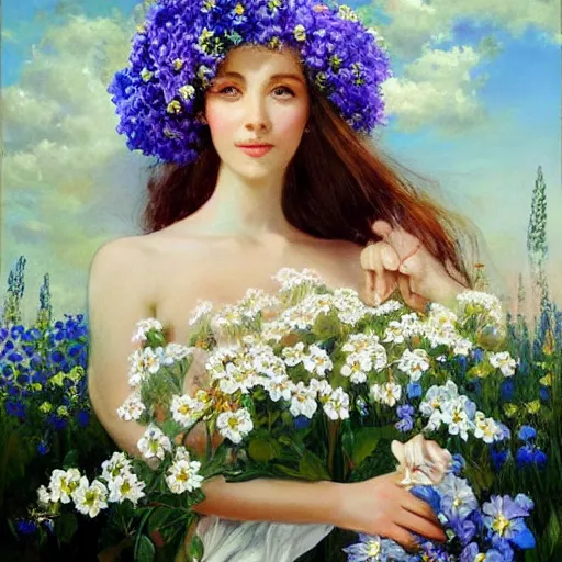 Image similar to a portrait of a romantic woman with flowers grow out of hair, roses peonies forget-me-nots dahlias lupins gladioli, sky theme in background, by Alexandr Averin, Digital Art, Trending on artstation