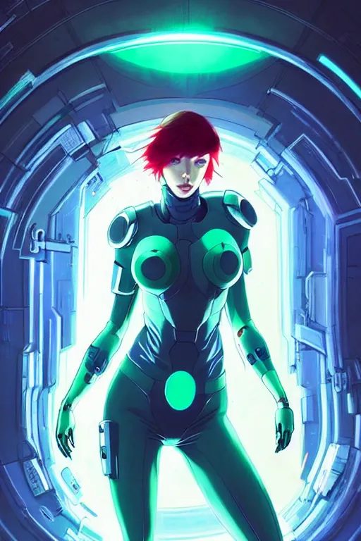 Image similar to style artgerm, joshua middleton, illustration, scarlett johansson as cyber punk warrior ghost in the shell wearing green pelt light armor, anime eyes, blue hair, swirling water cosmos, fantasy, dnd, cinematic lighting